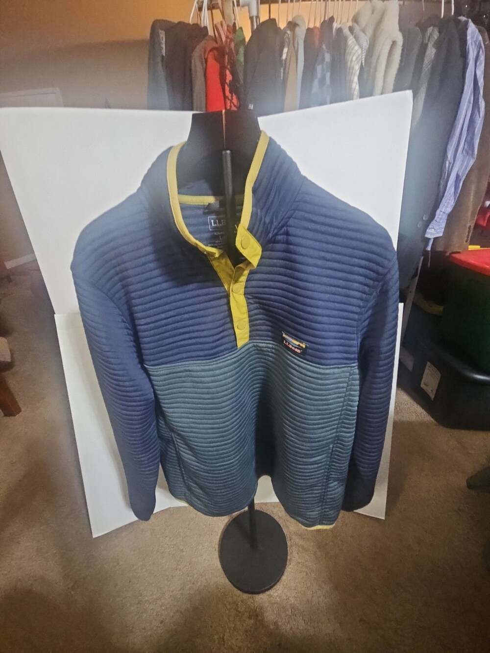 L.L.Bean Airlight Knit Pullover Size L Reg Blue Green Snap